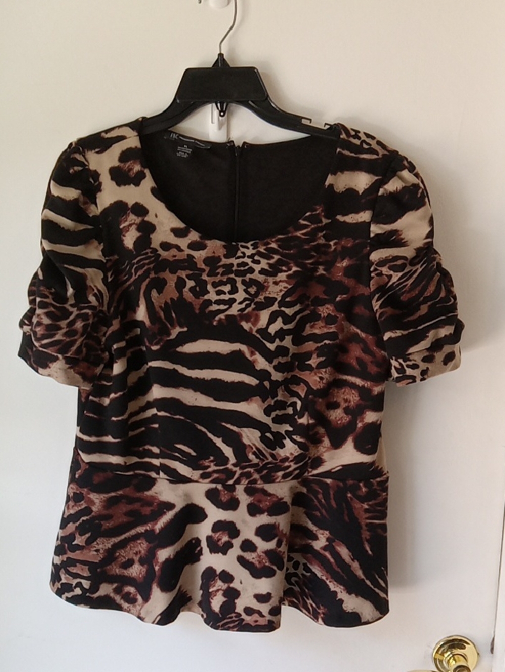 Animal Print Puff Sleeve Peplum Top - Black & Brown